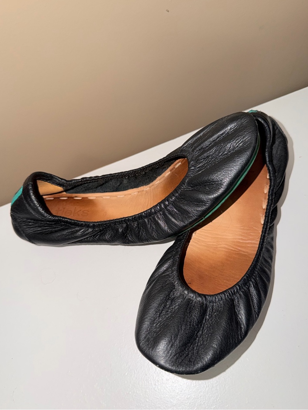 Tieks Black Leather Ballet Flats with Teal Accent